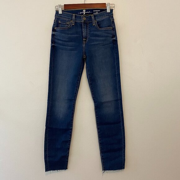 7 For All Mankind Roxanne Ankle Raw Hem Jeans Womens Size 24 Dark Wash - Picture 1 of 6